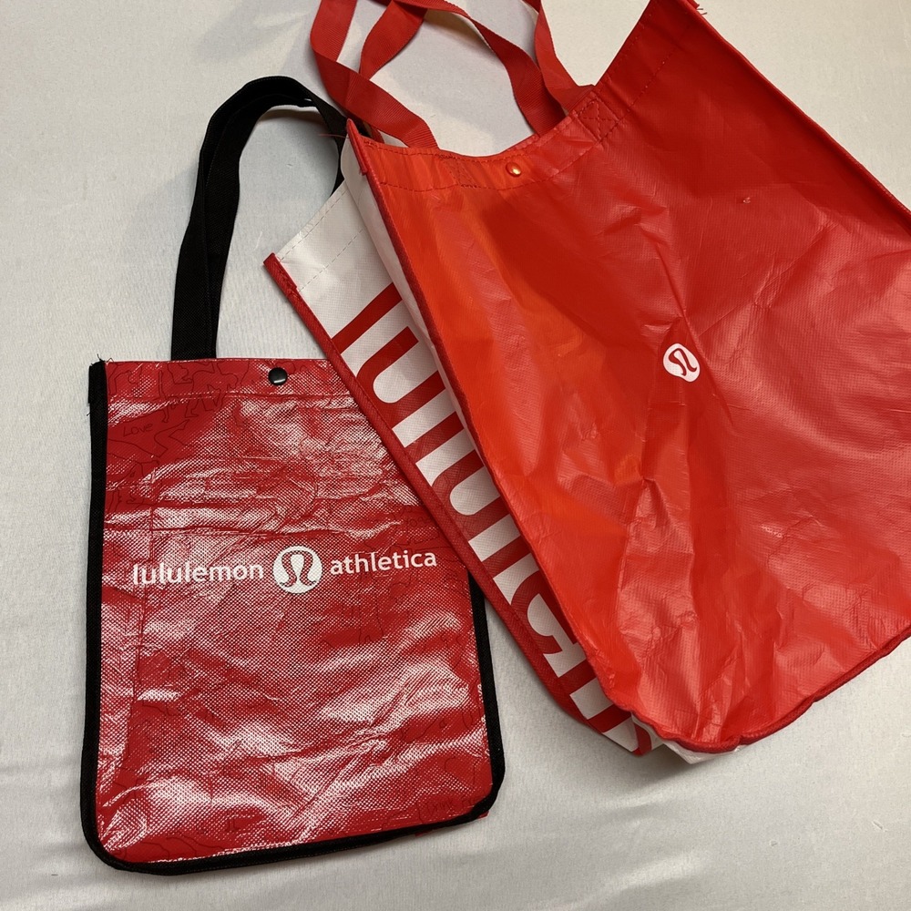 Lululemon Reusable Tote Bag Set Red White Black Yoga Gym Shopping Tote Lot of 2‎